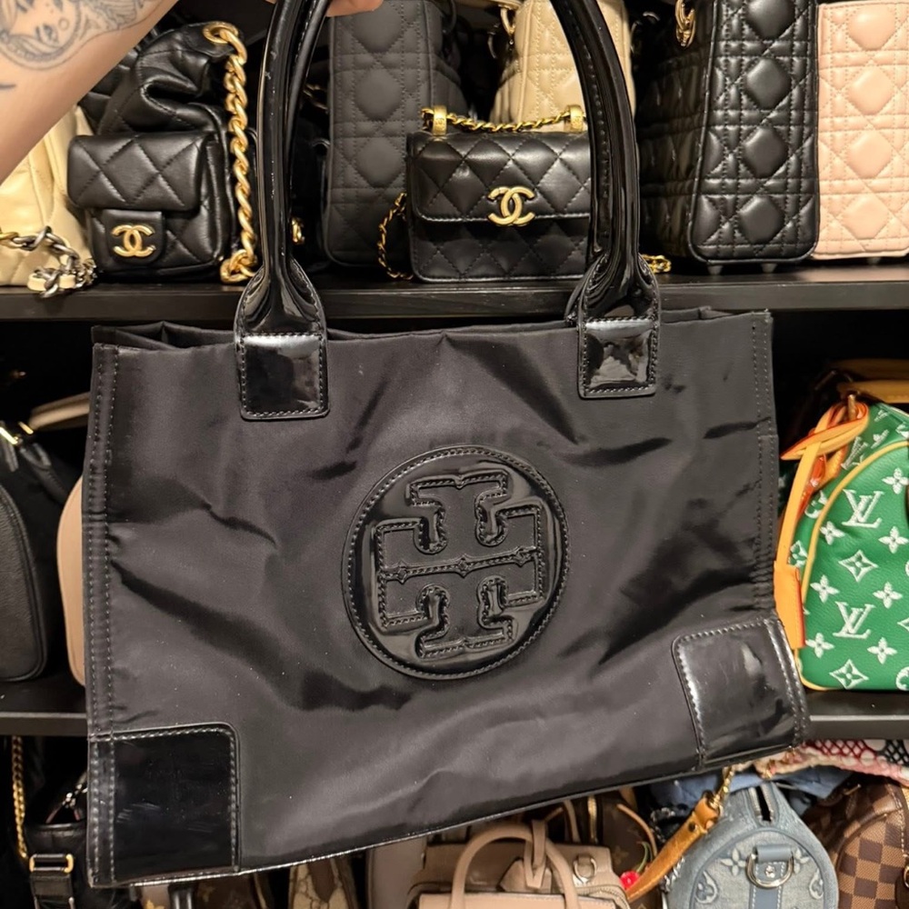 Tory Burch Black Nylon Logo Tote with Patent Trim